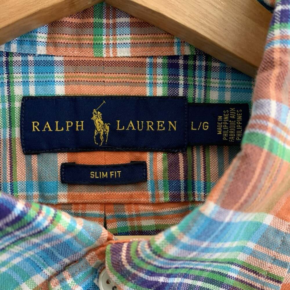 Ralph Lauren Shirt Mens Large Slim Orange Flannel Plaid Flesh Pony Casual Preppy - Picture 5 of 9